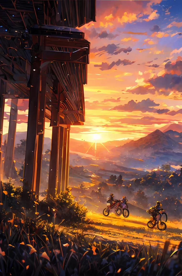 concept art, a painting of in dirt bikers going to hills , beautiful sunset, dynamics sky,