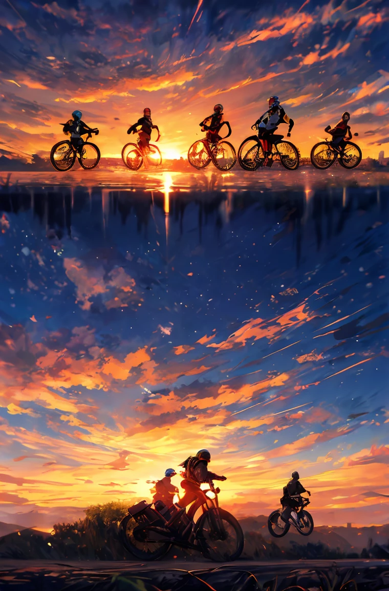concept art, a painting of in dirt bikers going to hills , beautiful sunset, dynamics sky,