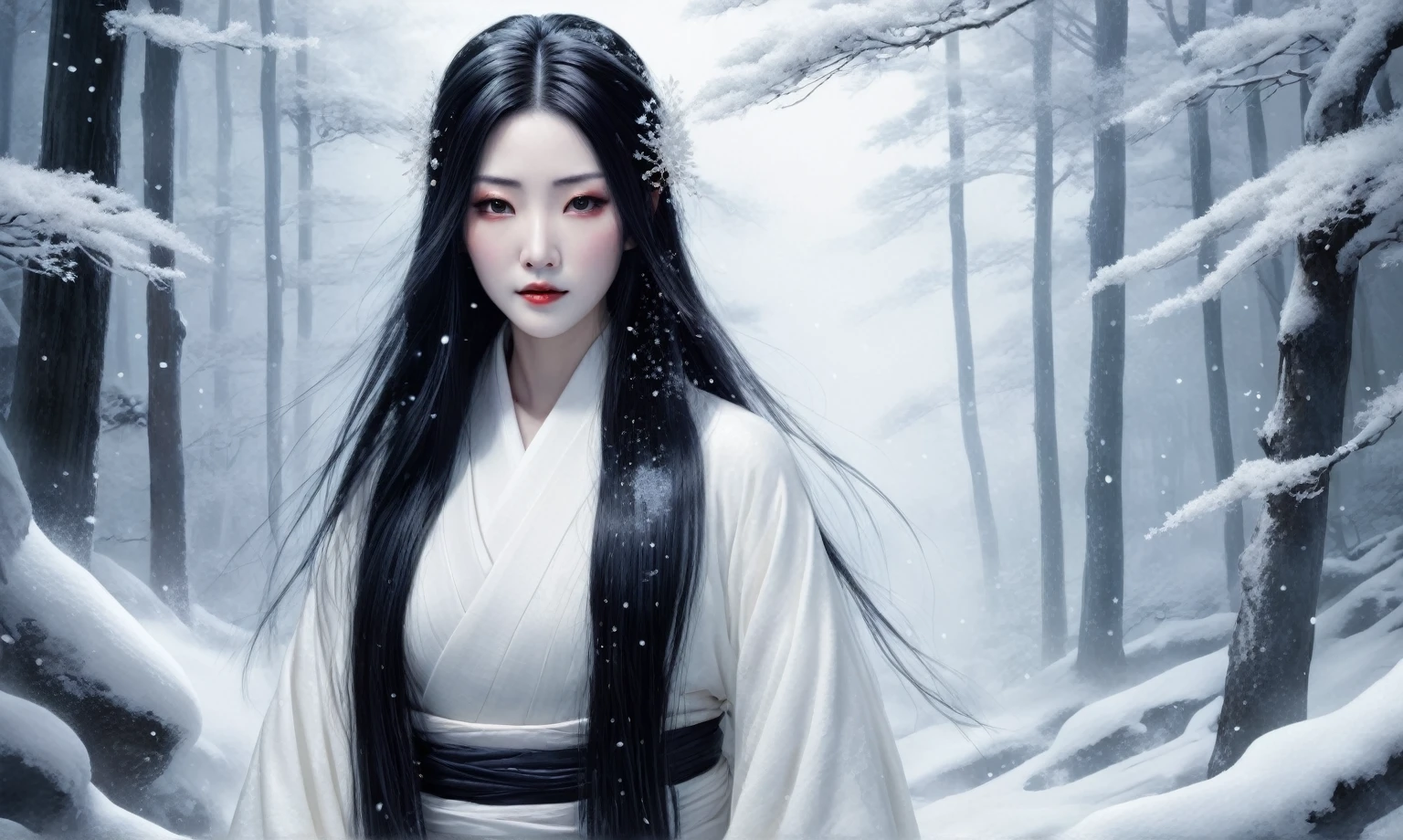 A realistic depiction of Yuki-Onna in a snowy mountain forest. The Yuki-Onna is a beautiful woman with long black hair and pale, icy skin. She wears a white kimono and has an ethereal, ghostly presence. The scene is set at night with snow falling, and the forest covered in snow.

