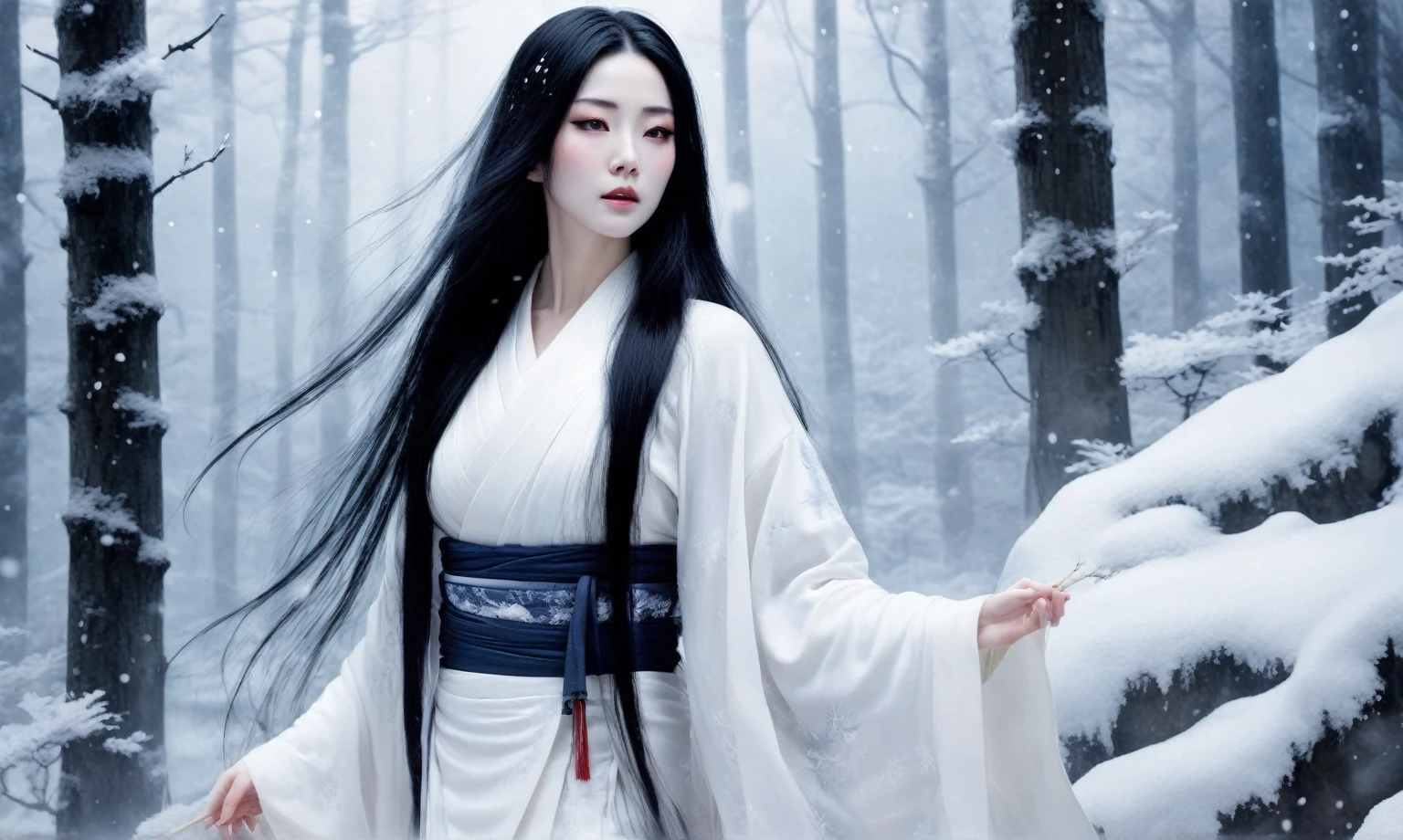 A realistic depiction of Yuki-Onna in a snowy mountain forest. The Yuki-Onna is a beautiful woman with long black hair and pale, icy skin. She wears a white kimono and has an ethereal, ghostly presence. The scene is set at night with snow falling, and the forest covered in snow.

