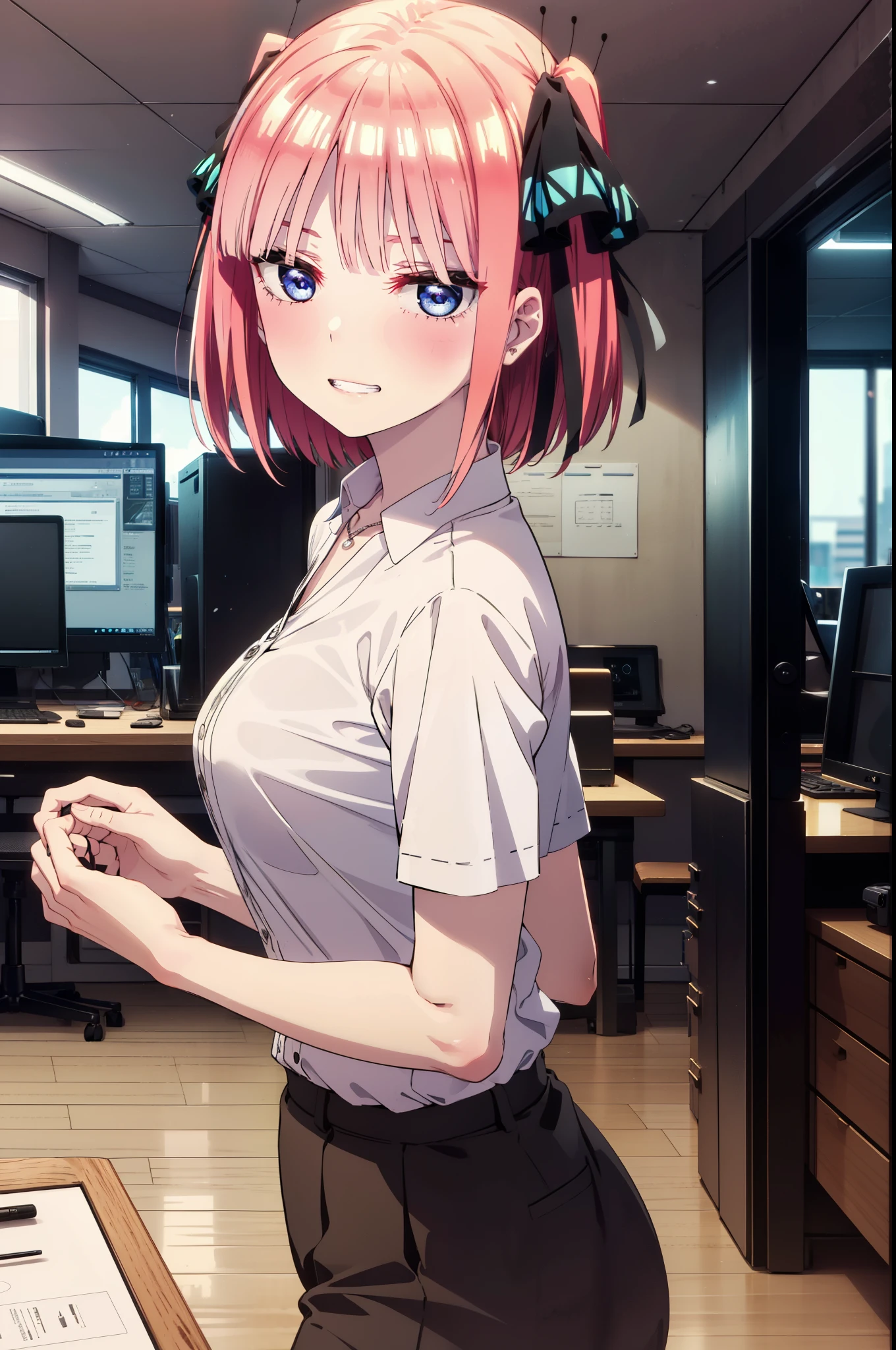 I was silent, Nakano Nino, Short Hair, bangs, blue eyes, hair ornaments, Hair Ribbon, Pink Hair, blunt bangs, Both sides up, Big Breasts,butterfly hair ornaments,Grin,White Y-shirt,Short sleeve,Heart Necklace,slacks,Stiletto heels,Walking,There is a computer on the table,whole bodyがイラストに入るように,Daytime,Clear skies,
break indoors, office,
break looking at viewer,whole body,
break (masterpiece:1.2), Highest quality, High resolution, unity 8k wallpaper, (figure:0.8), (Beautiful attention to detail:1.6), Highly detailed face, Perfect lighting, Highly detailed CG, (Perfect hands, Perfect Anatomy),