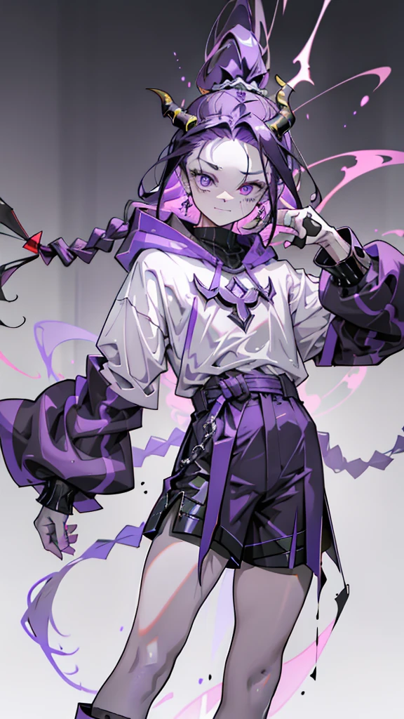 boy rabbit thoughtful look open forehead. dark purple hair braided into a ponytail on the left side. sinuous black horns wrapped in dark purple ribbon. pale violet eyes. in short dark purple shorts. long white T-shirt. dark purple knee-high socks. white long cloak with hood inside. stone walls purple light