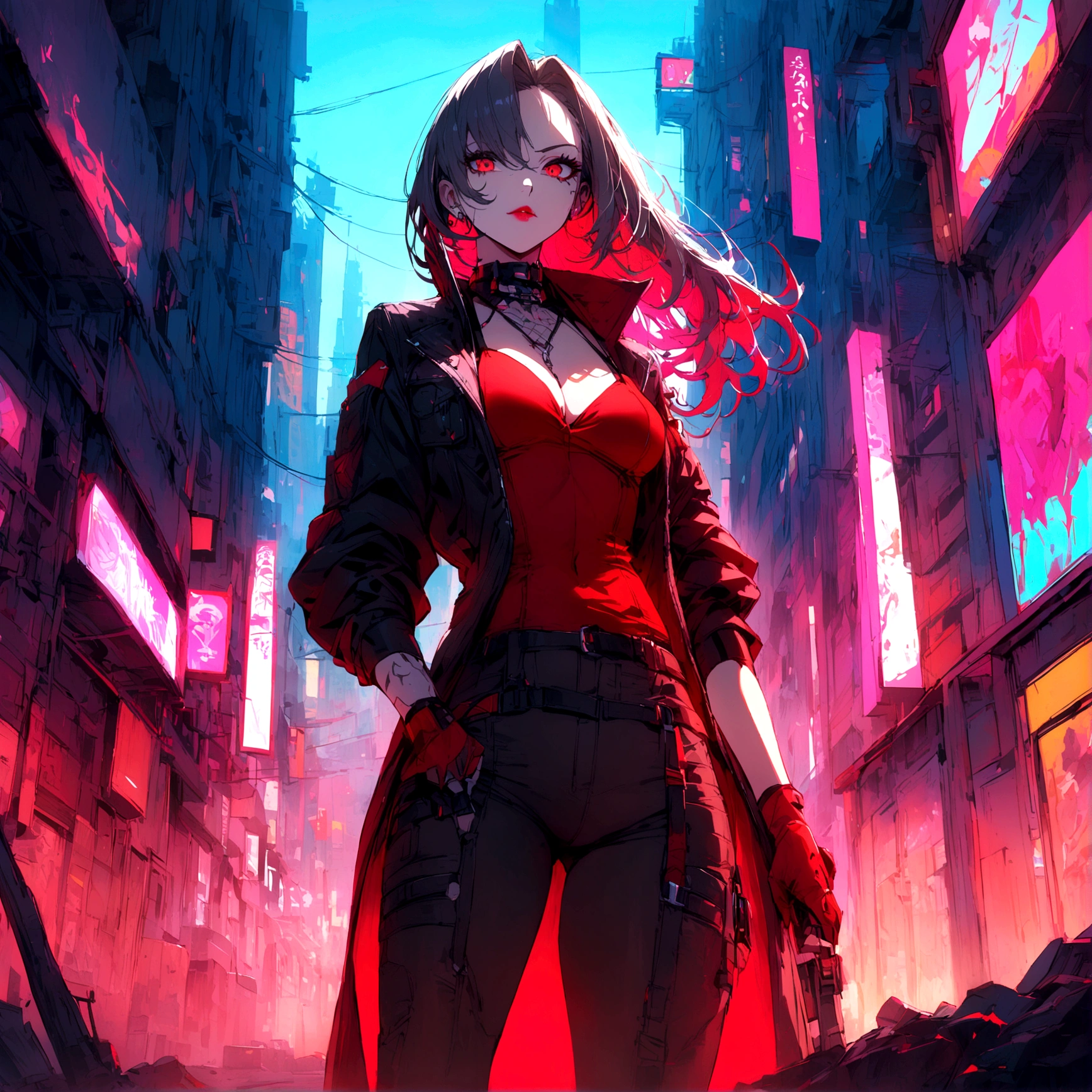 a woman dressed in red with a villainous look in a cyberpunk city with bright colors