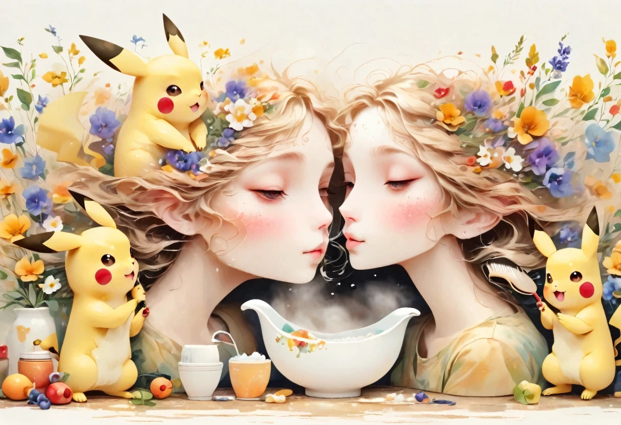 Illustrate a cute scene of Pikachu washing its face in the bathroom or brushing its teeth as part of a morning routine