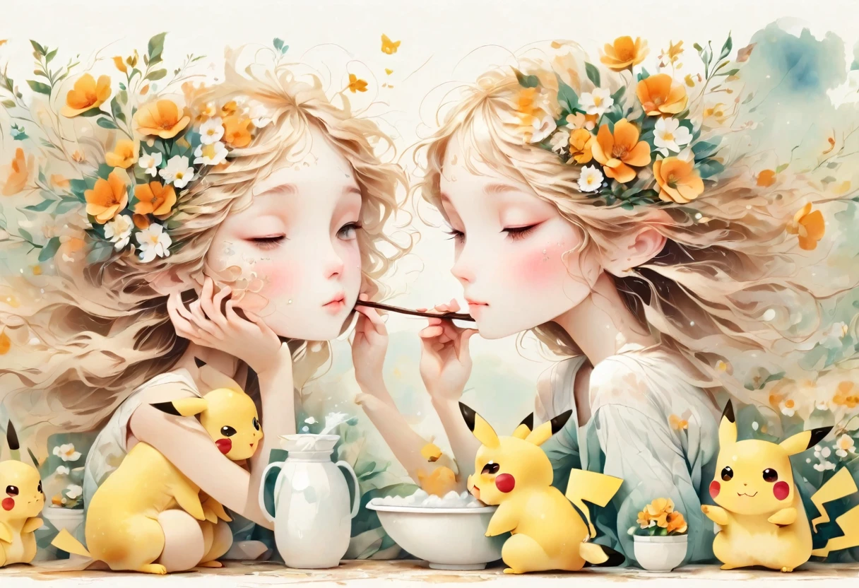 Illustrate a cute scene of Pikachu washing its face in the bathroom or brushing its teeth as part of a morning routine