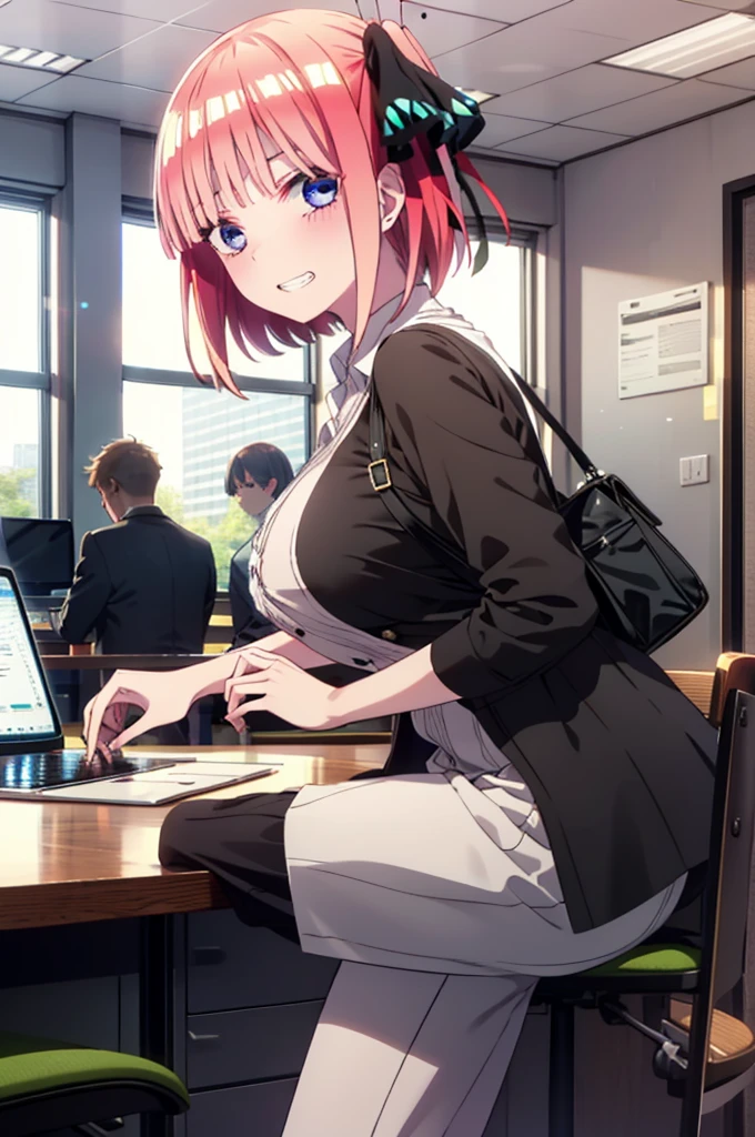 I was silent, Nakano Nino, Short Hair, bangs, blue eyes, hair ornaments, Hair Ribbon, Pink Hair, blunt bangs, Both sides up, Big Breasts,butterfly hair ornaments,Grin,White Y-shirt,Short sleeve,Heart Necklace,slacks,Stiletto heels,Walking,There is a computer on the table,whole bodyがイラストに入るように,Daytime,Clear skies,
break indoors, office,
break looking at viewer,whole body,
break (masterpiece:1.2), Highest quality, High resolution, unity 8k wallpaper, (figure:0.8), (Beautiful attention to detail:1.6), Highly detailed face, Perfect lighting, Highly detailed CG, (Perfect hands, Perfect Anatomy),