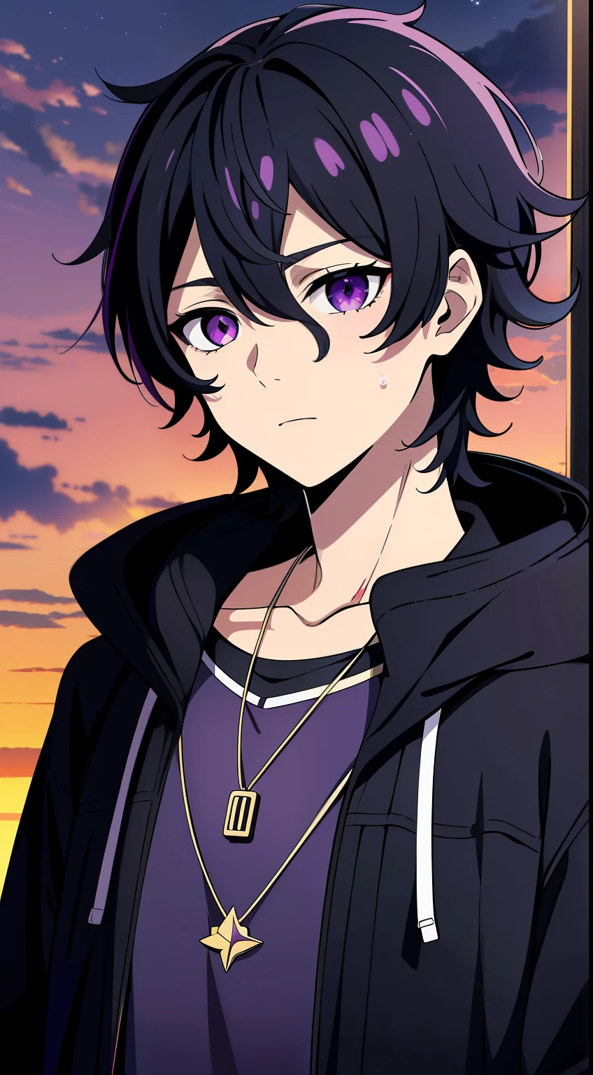 (high-quality, breathtaking),(expressive eyes, perfect face) 1male, male , solo, 10yrs old, short hair length, wavy curly hair, messy hair, black hair color, multicolored hair, deep purple eye color, music, mature, haunting twilight background, slightly narrow eyes, hooded jacket, dark purple blue shirt, modern attire, VFlower Vocaloid Male Version, silver star necklace, detailed eyes, portrait, headshot, short height, childlike face
