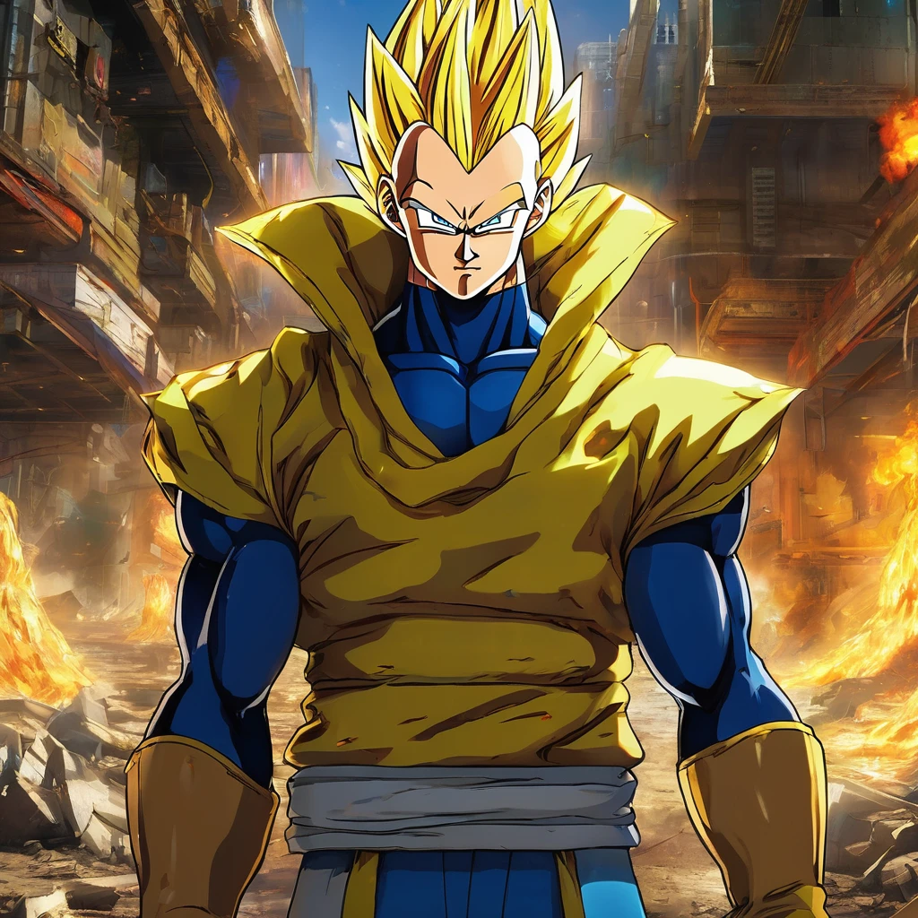 Anime style. Setting: post apocalyptic settlement: strong super saiyan Vegeta is depicted in a full body shot. His yellow ki in form of Dragon is around his blond hair and fullbody. Striking blue/green heterochromia eyes. The stylish sweater that's too big for him adds to his otherworldly charm. This mesmerizing image, possibly a painting, is rich in detail and radiates a sense of dystopian beauty. Every element, from Vegeta is great and strong features to the elaborate design of his Classic uniform, is rendered with impeccable artistry, drawing viewers into a realm of loss and wonder.