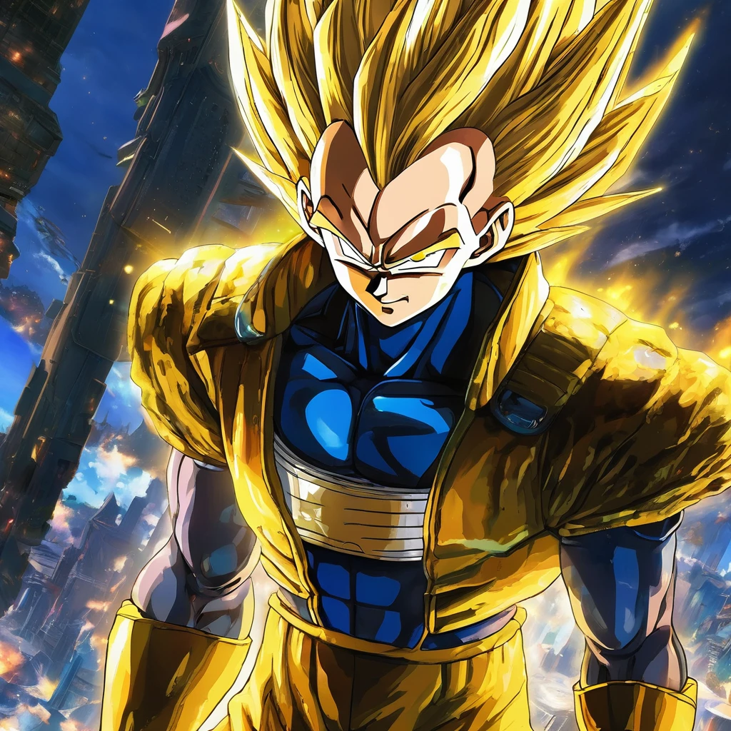 Anime style. Setting: post apocalyptic settlement: strong super saiyan Vegeta is depicted in a full body shot. His yellow ki in form of Dragon is around his blond hair and fullbody. Striking blue/green heterochromia eyes. The stylish sweater that's too big for him adds to his otherworldly charm. This mesmerizing image, possibly a painting, is rich in detail and radiates a sense of dystopian beauty. Every element, from Vegeta is great and strong features to the elaborate design of his Classic uniform, is rendered with impeccable artistry, drawing viewers into a realm of loss and wonder.