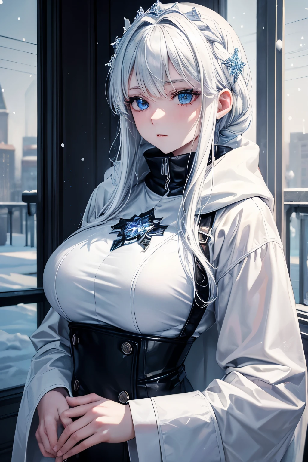 masterpiece, highlydetailed, ultra-detailed, cold, solo, (1girl), (pale skin), icyblue eyes, frosty white hair, cool Chara, flat face, young lady, lady chara, Big Breasts, Arrogant, confident, cold face, goddess, cool kuudere girl, sharp eyes, (snowy background), snowflakes, (frozen flowers:0.5), (calm expression), (sparkling ice crystals), (black modern casual clothes), (snow-covered ground), (icy breath)