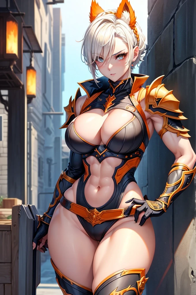 beautiful woman with short white hair, orange inferno eyes, wolf ears and a braided ponytail. She is wearing a revealing, sexy, fantasy knight armor with legplates. Her body is muscular and she is incredibly sexy. Her eyes are orange. She has strong, muscular arms and thick thighs. Wide hips.