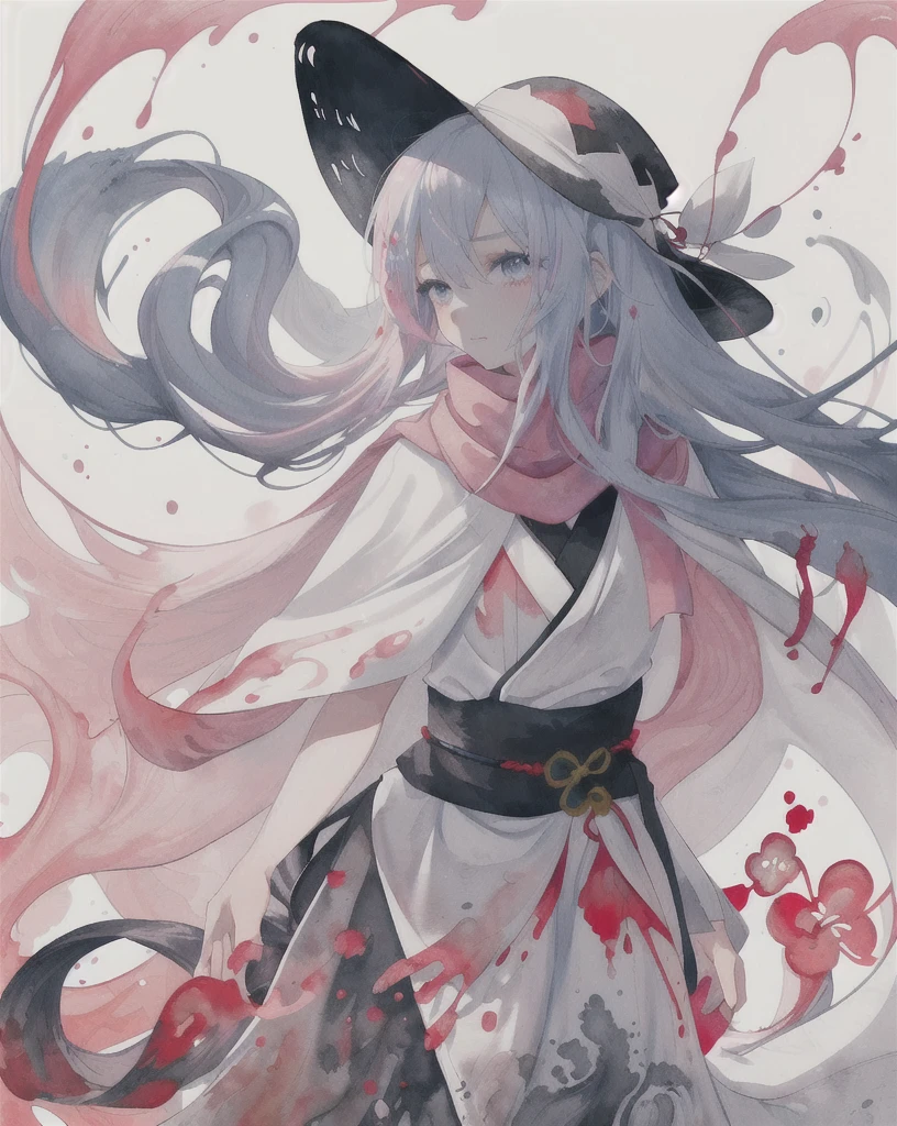 1 Girl,(蓝Long hair)),blue eyes,radish,Long hair,(loose Long hair),((White cape)),Pink scarf,Sword at waist，bamboo hat，Red flowers fall,Upper Body,Strong shadows,Ash,fire,ice,((Ink wAsh painting)),((ink splAshing)),((color splAshing)),