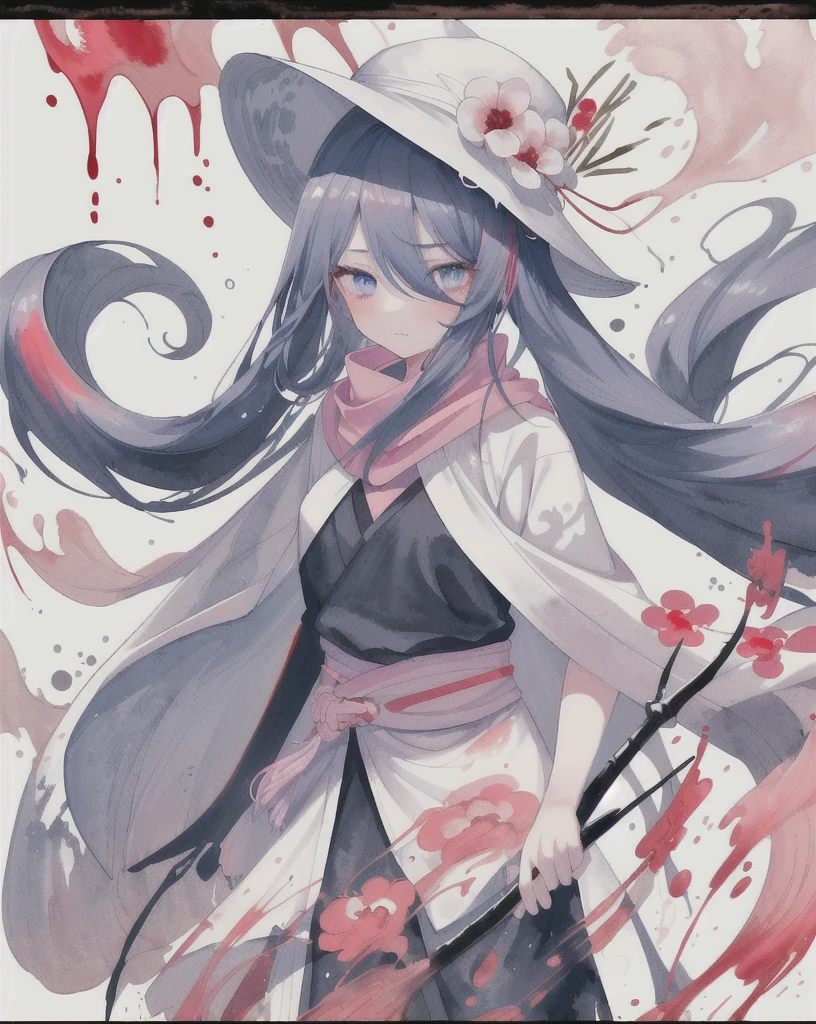 1 Girl,(蓝Long hair)),blue eyes,radish,Long hair,(loose Long hair),((White cape)),Pink scarf,Sword at waist,bamboo hat,Red flowers fall,Upper Body,Strong shadows,Ash,fire,ice,((Ink wAsh painting)),((ink splAshing)),((color splAshing)),