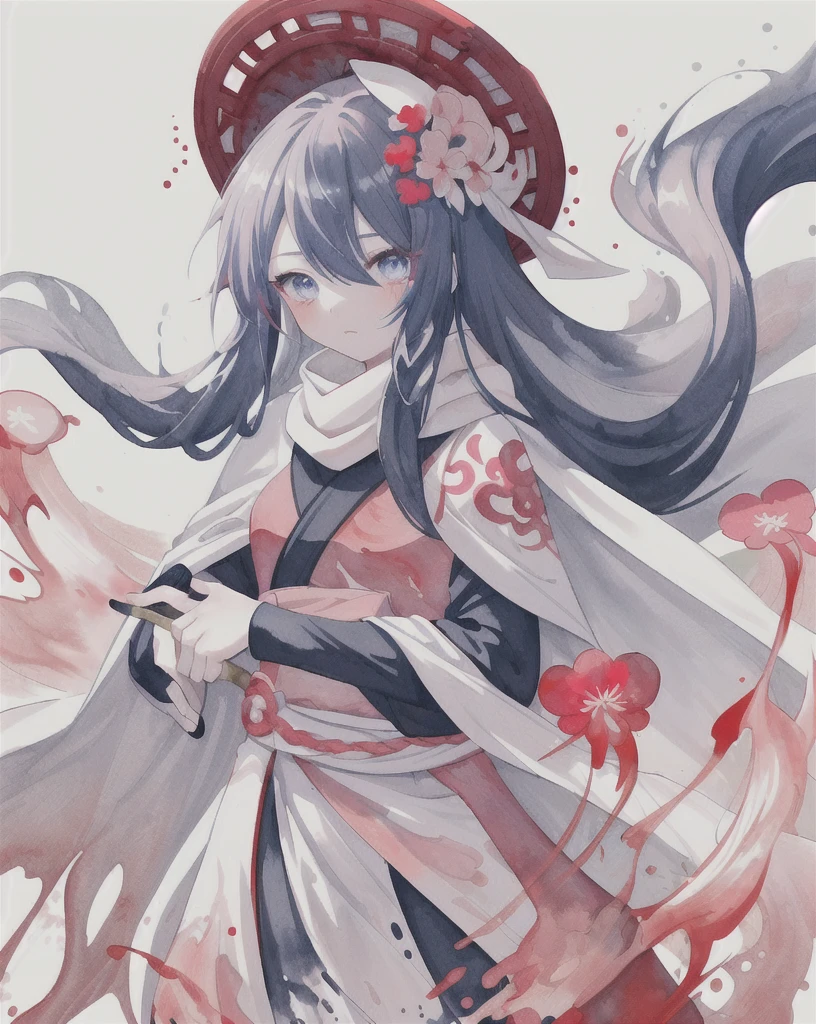 1 Girl,(蓝Long hair)),blue eyes,radish,Long hair,(loose Long hair),((White cape)),Pink scarf,Sword at waist，bamboo hat，Red flowers fall,Upper Body,Strong shadows,Ash,fire,ice,((Ink wAsh painting)),((ink splAshing)),((color splAshing)),