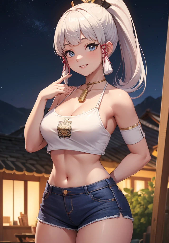 Masterpiece, high quality, 8k, ultra detail, ((kamisatoayakarnd)) standing, night,outdoors, (crop top), navel, (shorts), (off shoulders:1), choker, smile, armpit, (large breast), (nude arm)