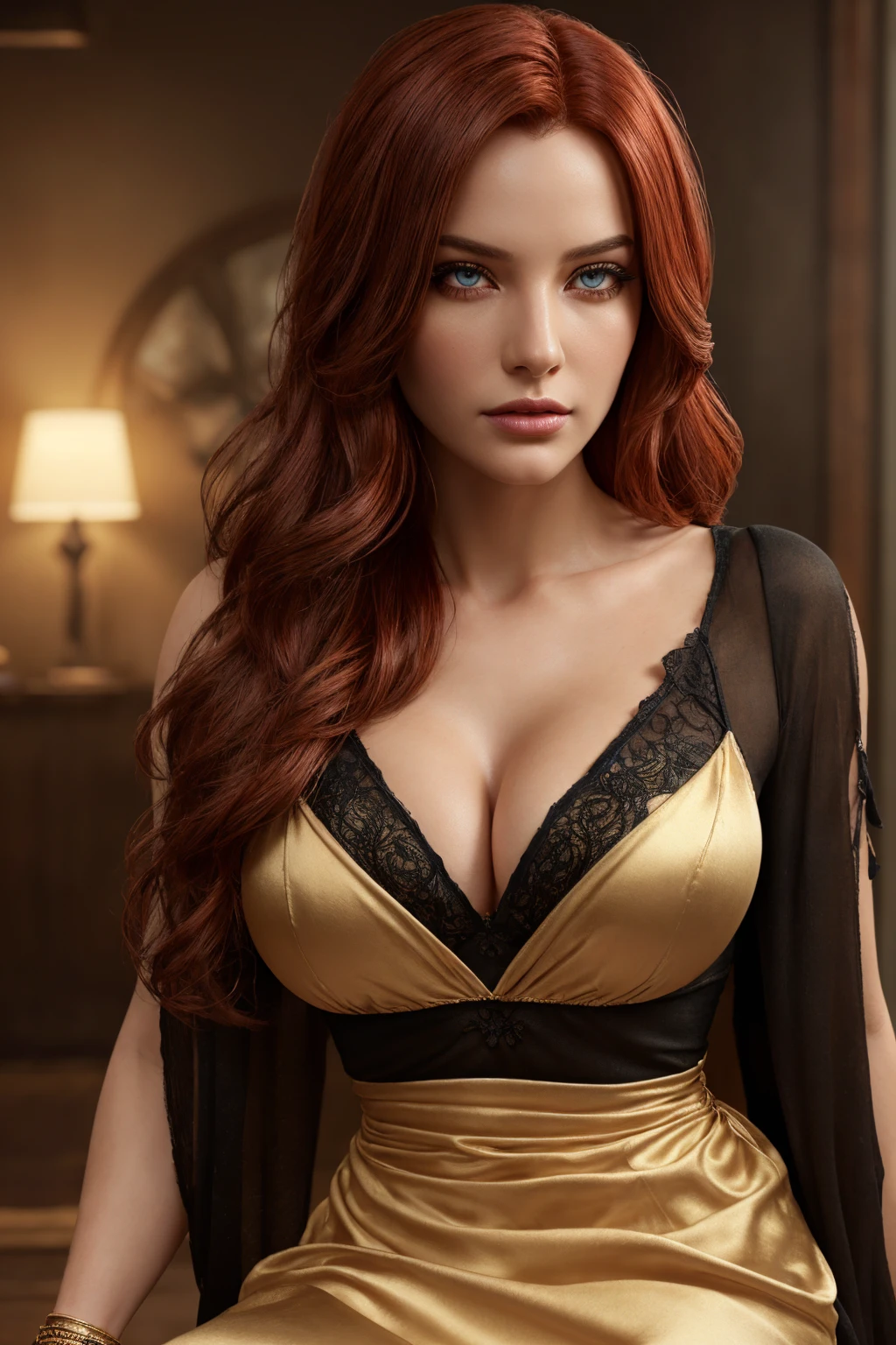 arafed woman with red hair, bouncing her up and down, (large boobull cleavage, heavy eye liner, ultra realistic, concept art, intricate details, eerie, highly detailed, photorealistic, octane render, 8k, unreal engine. art by Artgerm and Greg Rutkowski and Alphonse Mucha, silk dress, long wavy red hair, realistic, ultra detailed, perfect eyes, realistic eyes, touch of red, night queen, bold seductress