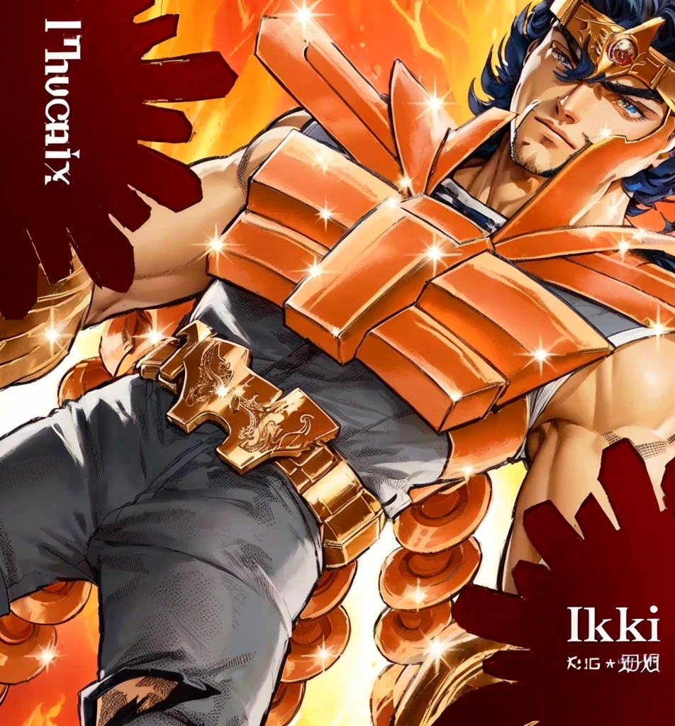 Realistic photo, Young European man, Muscular, anime character with a fire in the background, official art, phoenix, phoenix warrior, jellyfish phoenix, promo art, wallpaper!, joseph joestar, saint seiya, full color manga cover, 8k!!, the phoenix, official artwork, shikishi, baki, in jojo\'s bizarre adventure, hq artwork, 8k!, promotional art, imari