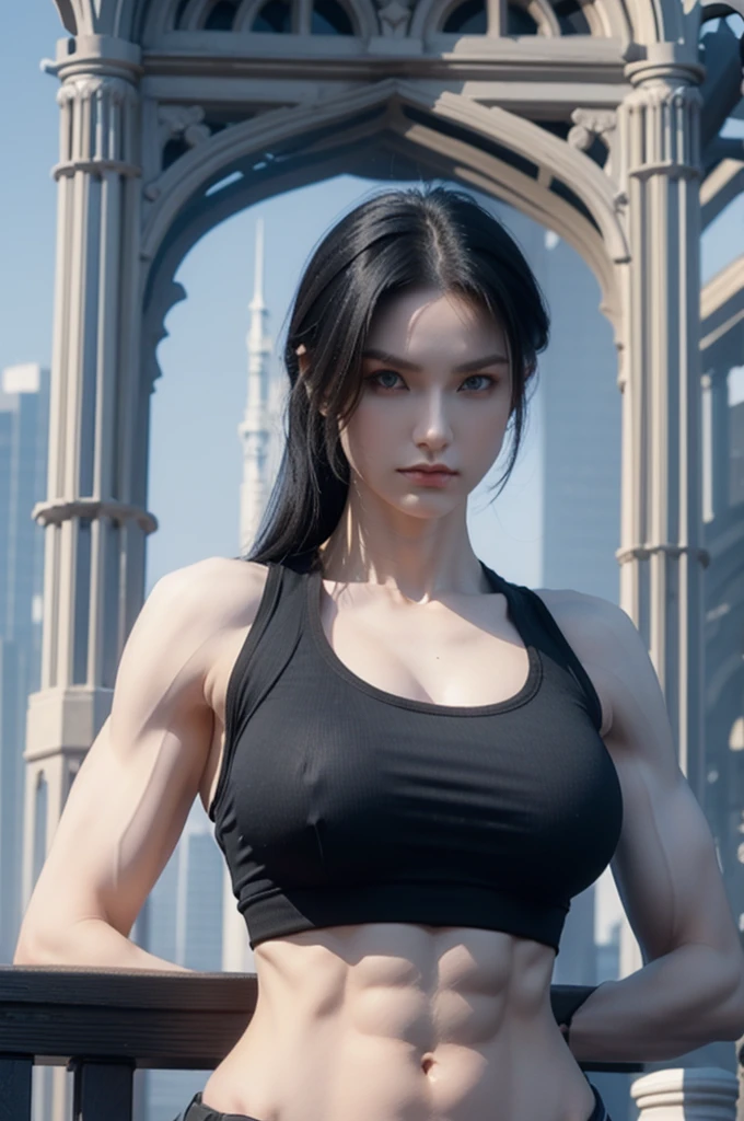 Straight black hair,blue eyes,(high quality eyes),masterpiece, best quality, high quality, highres, outdoors, looking at viewer, black shirt, crop top, midriff, navel, black short, tall female, bodybuilder, huge chest,, perfect body, 23yo, (slender muscular body:1.3), ((view the viewer)), gts, short hair