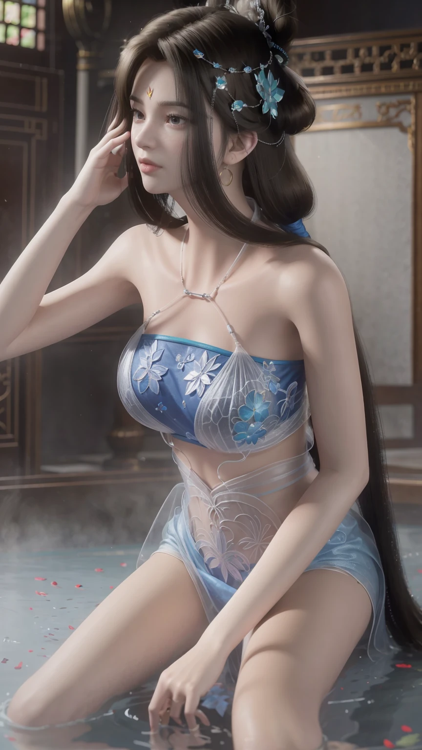 A beautiful young woman,Long hair,Wearing pajamas,Sitting on the bed,barefoot,Wearing a dress,Side-lying,Cross-legged,Full body shot,(Best picture quality,4k,8k,high-definition,excellent work:1.2),Ultra Detail,(Realistic,Realistic,Realistic:1.37),Delicate eyes,Delicate lips,Extremely detailed face and eyes,Long eyelashes,Natural light,Warm colors,Soft Focus,,portrait,Chiaroscuro,Deep scene,Cyan eyes,Jade Hands,Clear fingers