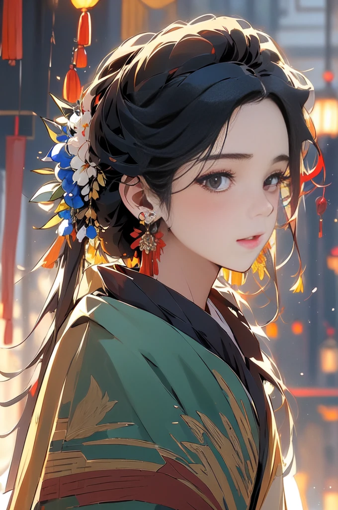 (masterpiece:1.2),best quality,PIXIV,Chinese style,hair ornament,solo,jewelry,looking at viewer,flower,earrings,bangs,portrait,hair flower,black hair,white flower,blurry background,long hair,blurry,closed mouth,hairclip,eyelashes,from side,ponytail,A close-up of a boy in a bamboo forest, long black hair, ponytail, green headdress, carrying a lantern, bamboo leaves falling, hazy smoke, green Hanfu,23 year old boy,1boy,cute 23 year old boy,professional boy photo, photo of boy 23 years old, thin boy,mature beautiful face,fair skin,super scale, 24k,hdr,perfect body boy,blush,  big Ogi folding fan,parted lips,black eyes,tassel,lips,chinese clothes,
