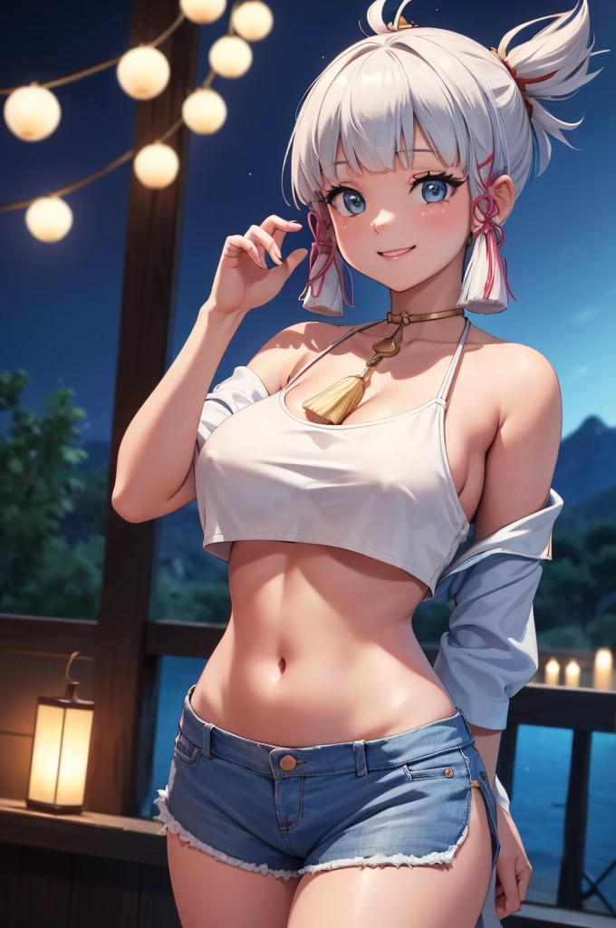 Masterpiece, high quality, 8k, ultra detail, ((kamisatoayakarnd)) standing, night,outdoors, (crop top), navel, (shorts), (off shoulders:1), choker, smile, armpit, (large breast), (nude arm)
