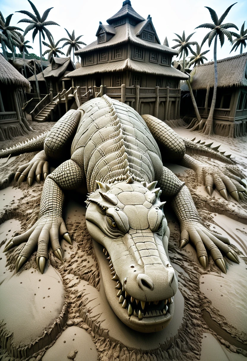 Sand sculpture style, Titan crocodile crawls slowly in the swamp,The body is as huge as a mobile fortress,Hard scales,Beyond the surrounding thatched houses,Every breath is accompanied by the surge of mud and water,Strong sense of déjà vu。