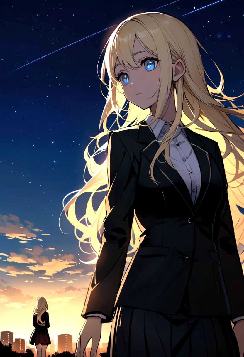 (Highest quality)facial details,group,Half body girl, long hair, blue sky, blue eyes, black suit shirt, black skirt., Middle-aged woman, bright yellow long hair, blue eyes, black suit jacket, black skirt,Teenage woman, light blonde long hair, blue eyes, black suit shirt, black skirt, Beautiful morning light(Detailed background (little light pollution))