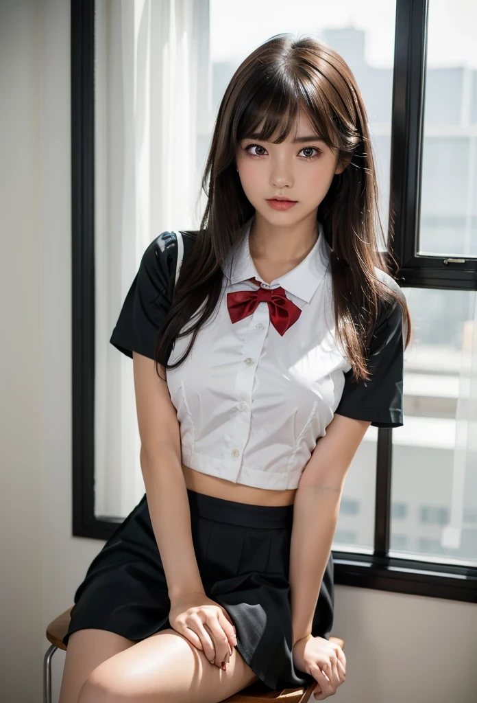 1girl, bangs, black shirt, black skirt, brown eyes, brown hair, large breasts, long hair, no bra, red bowtie, sailor collar, class room, , sitting, beautiful, 