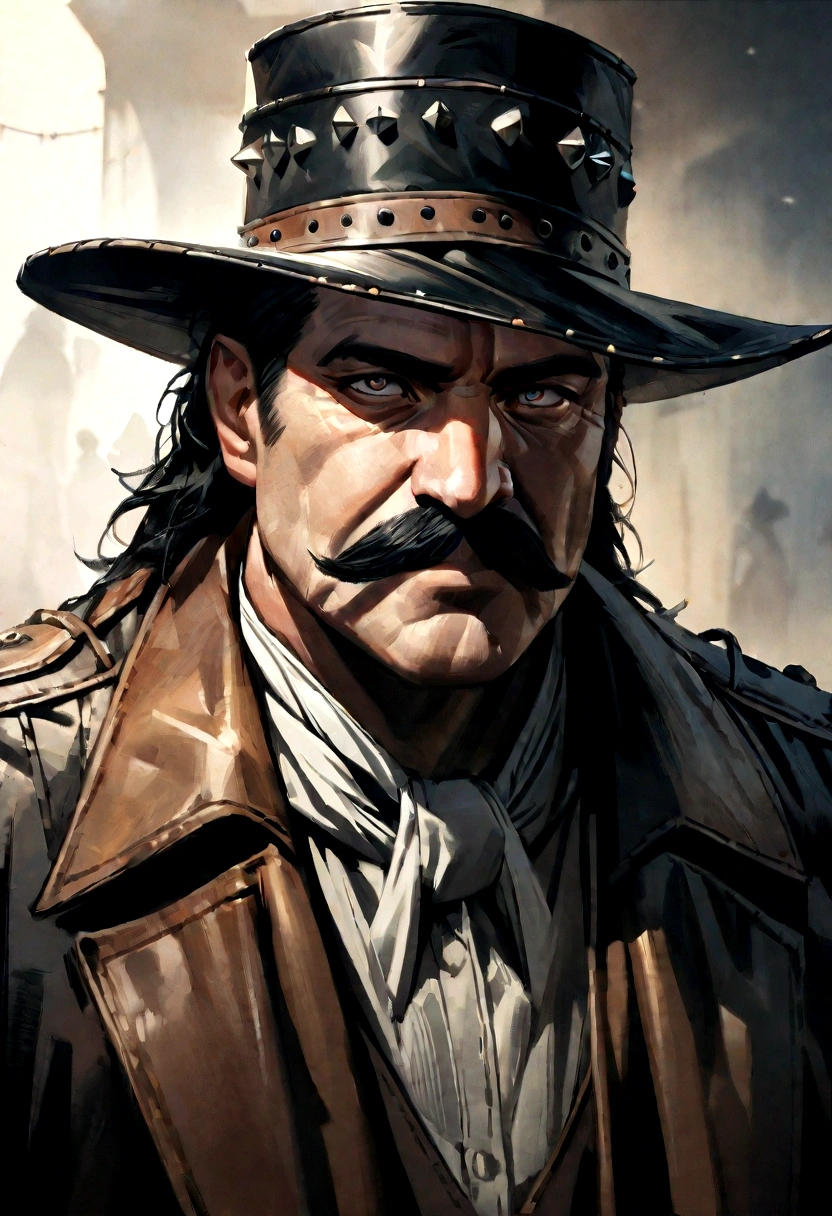 Make a man with a robust and charismatic appearance, his posture must be heroic and authoritative. He is approximately 35 years old. His face shows determination and rugged beauty, with piercing eyes that have seen many battles. He wears a mustache that adds to his authoritative appearance. The costume consists of the iconic leather hat adorned with metal spikes, a symbol of the cangaço bandits, wearing formal clothes. draw the character from the front. high quality, detailed, expressionistic, moody colors, dramatic shadows and highlights, gritty, artwork, 8K, photorealistic