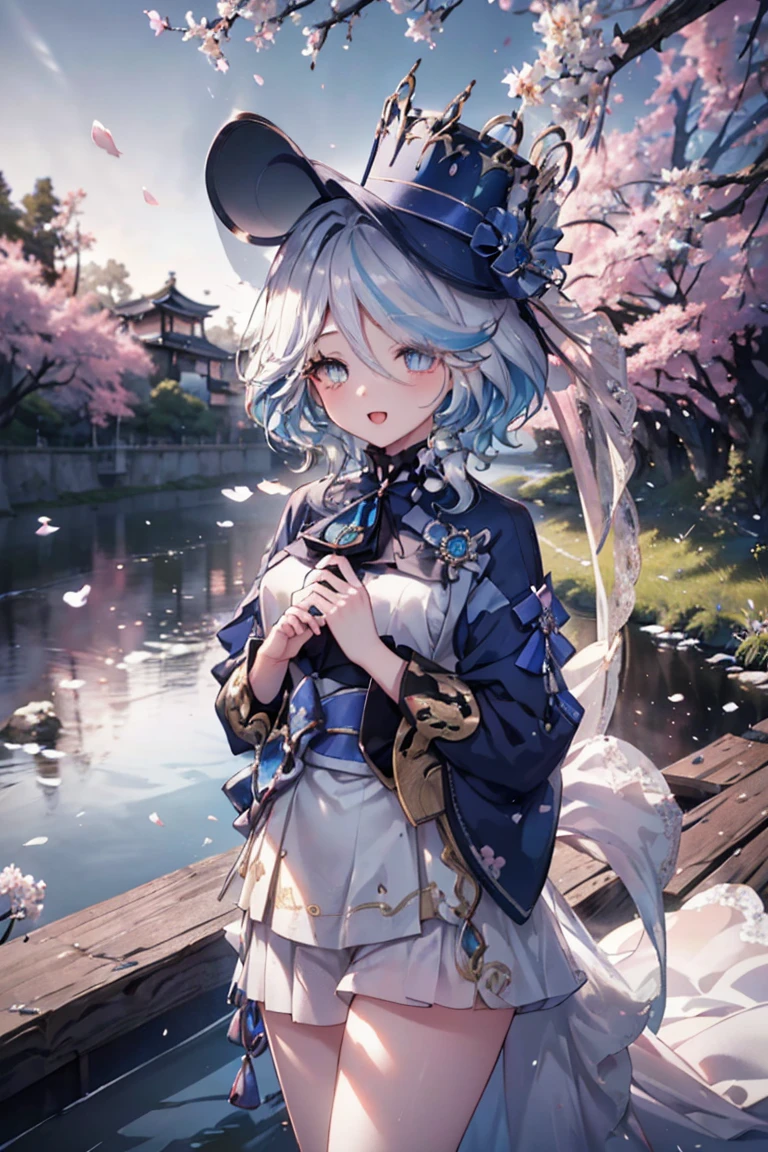 Masterpiece, best quality, very detailed, sparkling, glowing light, Ray tracing, HDR, depth of field, (perfect face, detailed face, Detailed eyes,perfect hand),8k,HD,Ultra-realistic faces,Ray tracing,perfect light,((Wearing a white wedding dress.)),best quality, very detailed, sparkling eyes, (look at viewer,open mouth smile:1.1), ((1 girl)), thigh,throw, Furina,long hair,hair on one eye,((gradient hair)),multicolored eyes, gradient eyes, (glowing eyes:1.5), Mascara, (Fashion Makeup), Chapped lips,Blush,flower hat, ((In the middle of rural Japan,Japanese bridge,over the bridge,river,cherry tree,cherry blossom petals,blue sky,Koi on river)),(complex background, Many elements in the background:1.2),((พื้นหลังที่very detailed)), Mistress poses, ((8k wallpaper)),