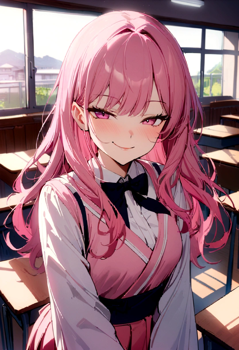 1 girl, solo, slim, short, long pink hair, long hair, pink eyes, pink blouse, long white sleeves, pink pleated skirt, black bowtie, blurry background((Japanese style classroom)), looking at viewer((cocky facial expressions, smirking))