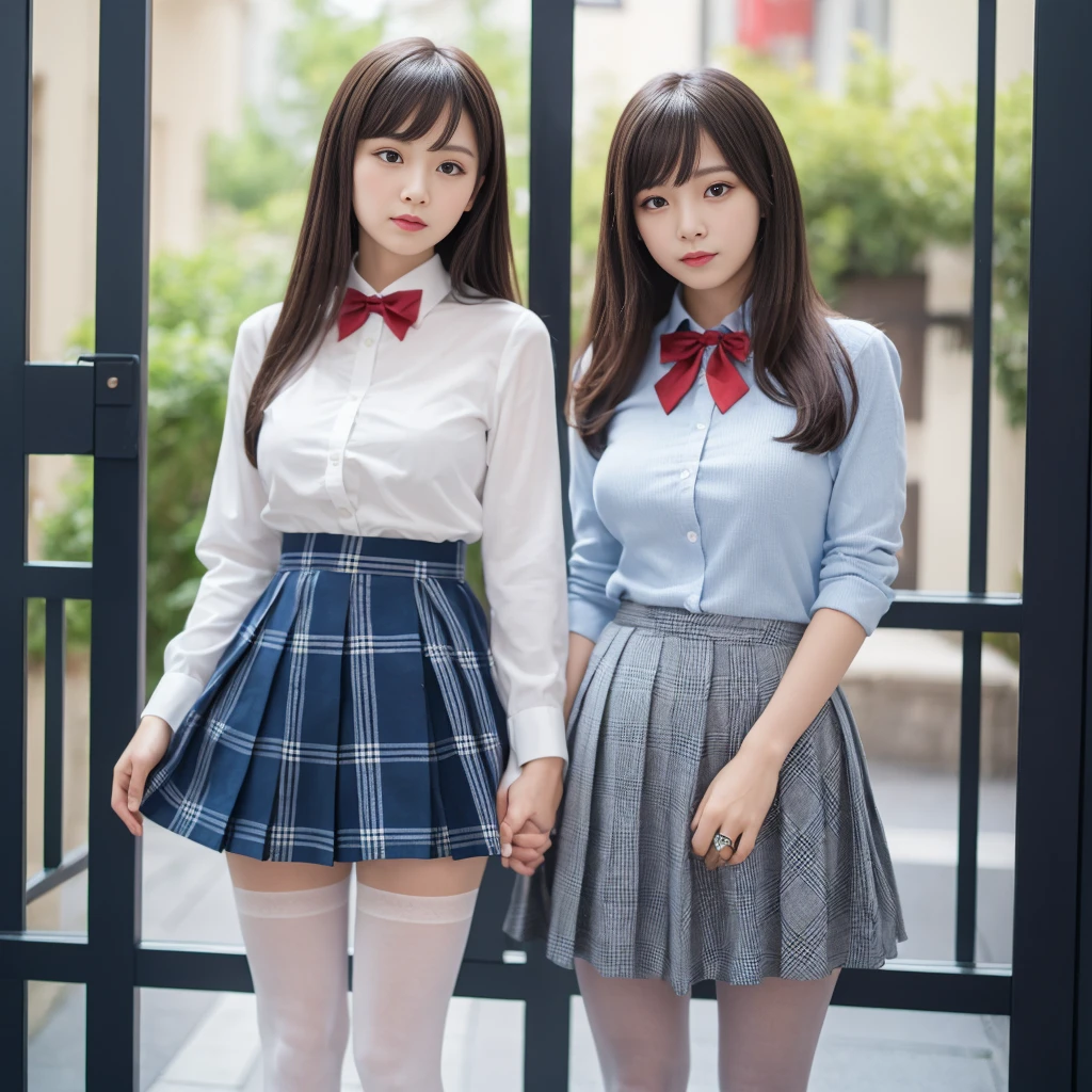 (Half),(Underwear visible),(8K、RAW photography、Top quality、masterpiece:1.2),charm,Fair skin,Watch the audience,Looking ahead,student,1 girl、White skin,knee,((Black pantyhose)),Long hair、Black Hair、Double tail、(extremely huge breast:4.0),Forehead visible、masterpiece,Top quality、Ultra-high resolution,RAW,whole body,JK ,Standing,(Photorealistic:1.37)、Practical、Beauty,Cute little face,Black socks、(Red bow tie)、Physically Based Rendering、Depth of Field、Blurred background、photo,Body,, Long legs, Thin legs,(Bangs are visible),,(Light blue shirt), (Navy and blue and white plaid pleated skirt), knee可见,Transparent clothing,