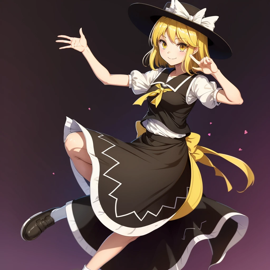 1girl, , , masterpiece, best quality, 10 years old, medium blonde hair, forehead visible bags, yellow eyes, hat, heart, black headwear, puffy short sleeves, log black skirt, heart hads,,1girl, solo, yellow eyes, yellow hair, bow, hat bow, socks, black footwear, black skirt, short sleeves, yuki (touhou), black vest, white sleeves, frill skirt, light smile