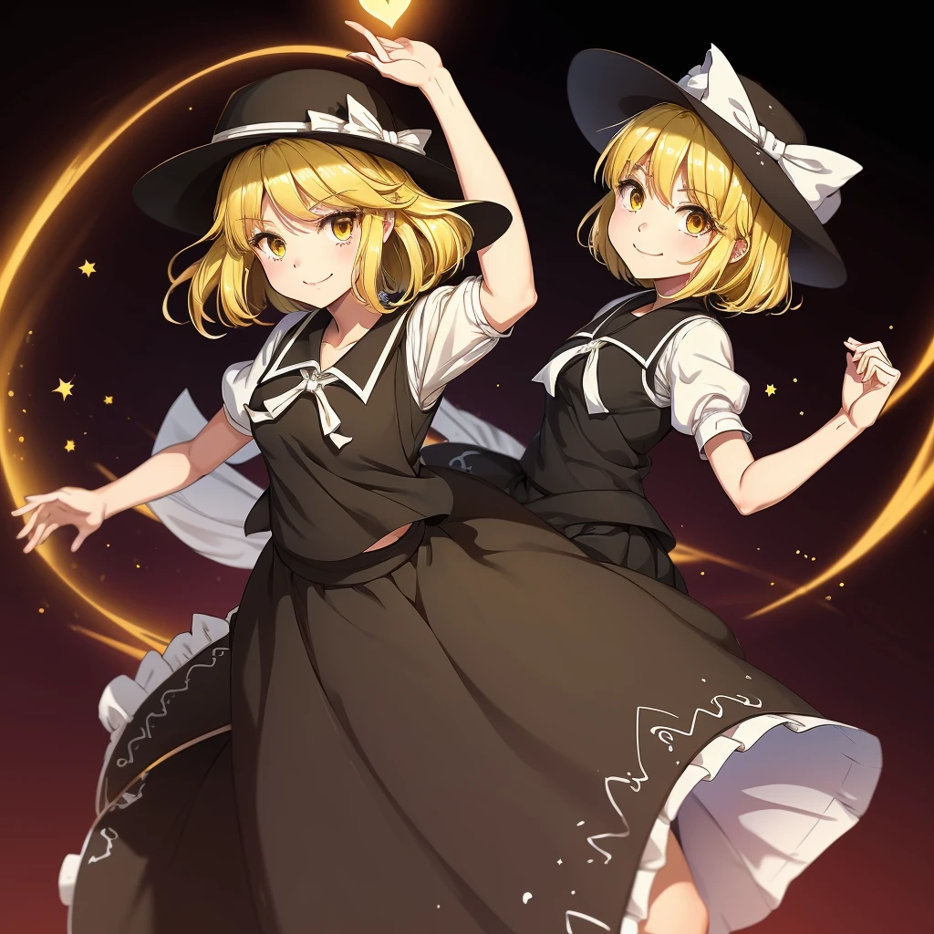 1girl, , , masterpiece, best quality, 10 years old, medium blonde hair, forehead visible bags, yellow eyes, hat, heart, black headwear, puffy short sleeves, log black skirt, heart hads,,1girl, solo, yellow eyes, yellow hair, bow, hat bow, socks, black footwear, black skirt, short sleeves, yuki (touhou), black vest, white sleeves, frill skirt, light smile