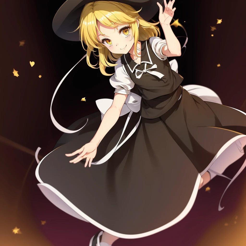 1girl, , , masterpiece, best quality, 10 years old, medium blonde hair, forehead visible bags, yellow eyes, hat, heart, black headwear, puffy short sleeves, log black skirt, heart hads,,1girl, solo, yellow eyes, yellow hair, bow, hat bow, socks, black footwear, black skirt, short sleeves, yuki (touhou), black vest, white sleeves, frill skirt, light smile