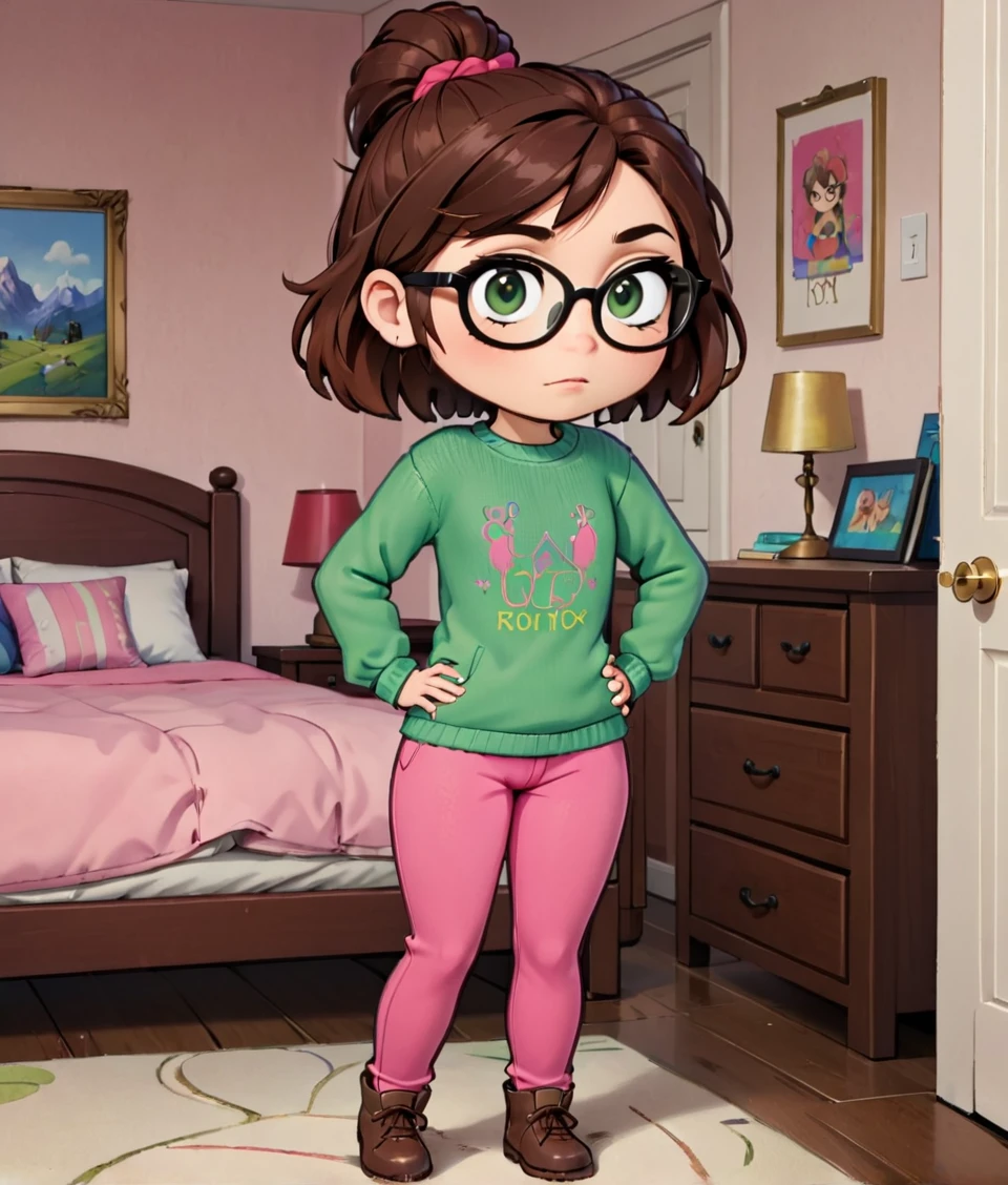 lisaloud, 1girl, solo, green sweater, pink pants, brown footwear,  glasses, standing in a bedroom, looking at viewer, brown hair, short, hands on hips, chibi, score_9, score_8_up, score_7_up,