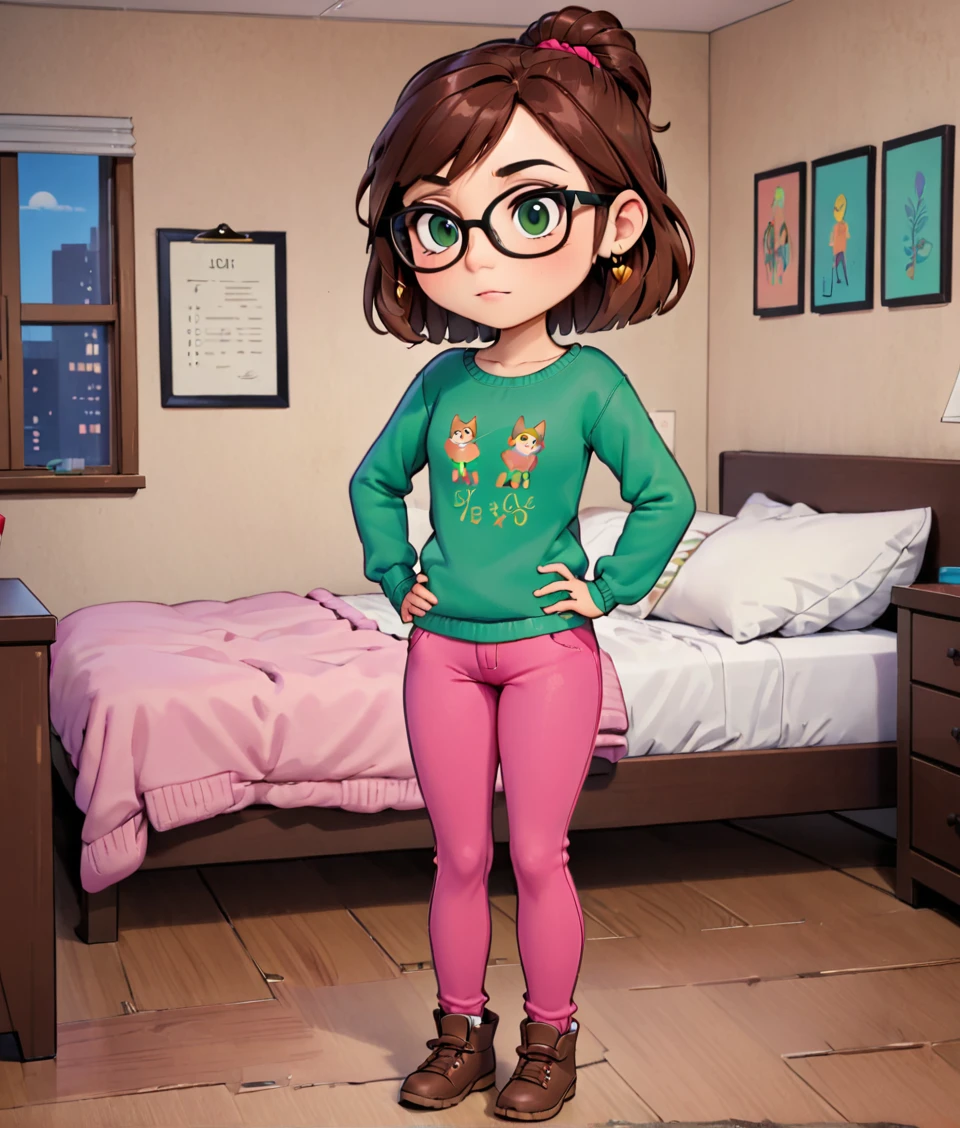 lisaloud, 1girl, solo, green sweater, pink pants, brown footwear,  glasses, standing in a bedroom, looking at viewer, brown hair, short, hands on hips, chibi, score_9, score_8_up, score_7_up,