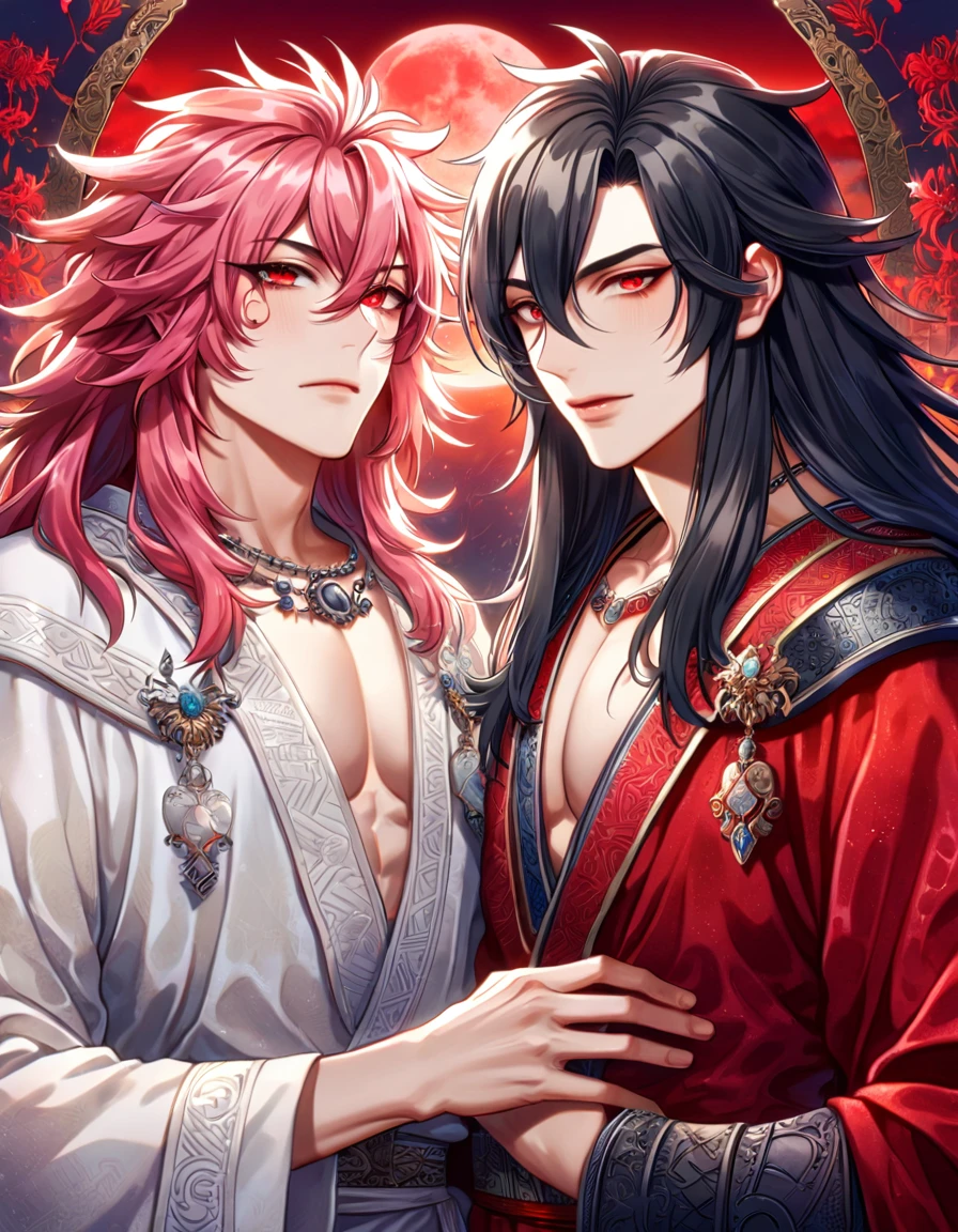 absurdres, highres, ultra detailed, HDR, master piece, best quality, extremely detailed face, delicated features, Xue Yu, untamed spiky hair, black hair, long hair, hair between the eyes, expressive red eyes, Thousand Years War, Ryoumen Sukuna, pink hair, long hair, expressive red eyes, two sexy men together, gay couple, handsome, toned chest, black cape, red robes, white robes, accessories, patterns, red sky, red butterflies, red spider lilies, fantasy, magical, radiant moon