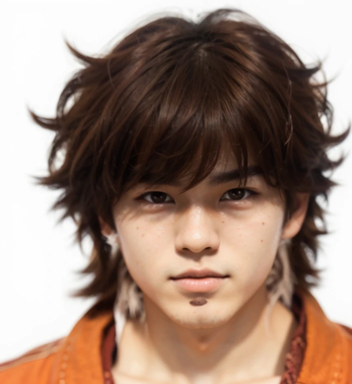 photorealistic portrait of Japanese 18 year old, young boy, with reddish brown hair and reddish brown eyes, sharp intense gaze, and tussled hair and mole on upper lip. Plump lips, angled eyebrows intricate details, sharp focus, ultra-detailed, masterpiece, dramatic lighting, cinematic composition, vibrant colors, photorealistic