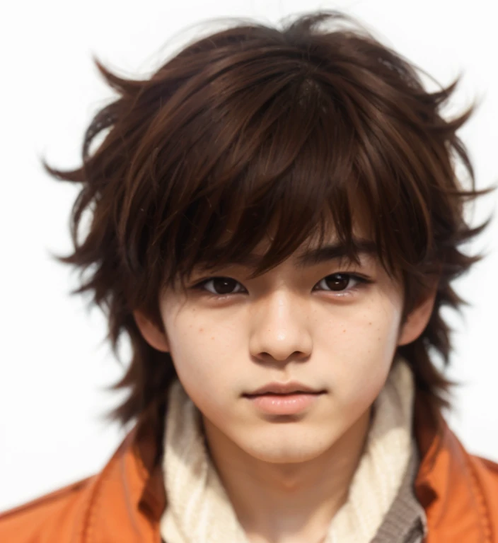 photorealistic portrait of Japanese 18 year old, young boy, with reddish brown hair and reddish brown eyes, sharp intense gaze, and tussled hair and  mole on upper lip. Plump lips, angled eyebrows intricate details, sharp focus, ultra-detailed, masterpiece, dramatic lighting, cinematic composition, vibrant colors, photorealistic