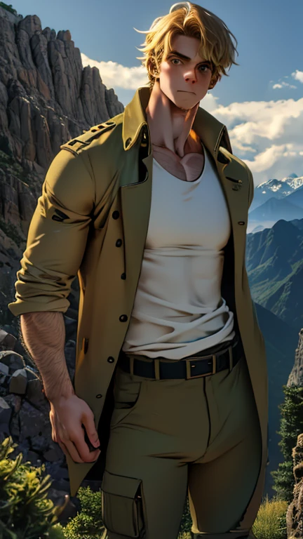 Tall Finnish boy with golden hair on his shoulders, face with serious but kind Nordic features, well-toned body standing on a mountain in worn and torn dull green adventurer pants, a torn white t-shirt, a torn black trench coat and carrying a white duck with black eyes