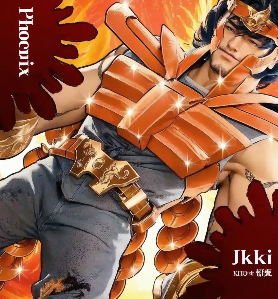 Realistic photo, Young European man, Muscular, anime character with a fire in the background, official art, phoenix, phoenix warrior, jellyfish phoenix, promo art, wallpaper!, joseph joestar, saint seiya, full color manga cover, 8k!!, the phoenix, official artwork, shikishi, baki, in jojo\'s bizarre adventure, hq artwork, 8k!, promotional art, imari