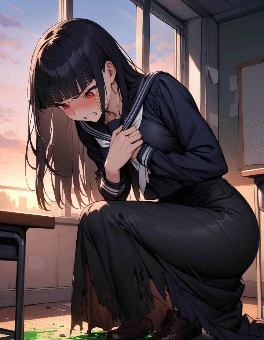 (masterpiece,best quality,very aesthetic),(ultra-detailed),nsfw,(atlach-nacha,degenerate),1girl,20yo,Statuesque,curvy,tall,long hair, black hair,straight hair,(blunt bangs),beautiful red eyes,clenching teeth,sentimental,Abdominal injury,look down on with disdain,black serafuku in winter,long sleeves,(long skirt),white ribbon tie,torn clothes,(Torn clothes stained with green liquid),painful,holding own chest with right arm,classroom,standing,on one knee,leaning forward,dusk sky,leather shoes,The setting sun is shining in the classroom,debris,solo,looking down,cowboy shot