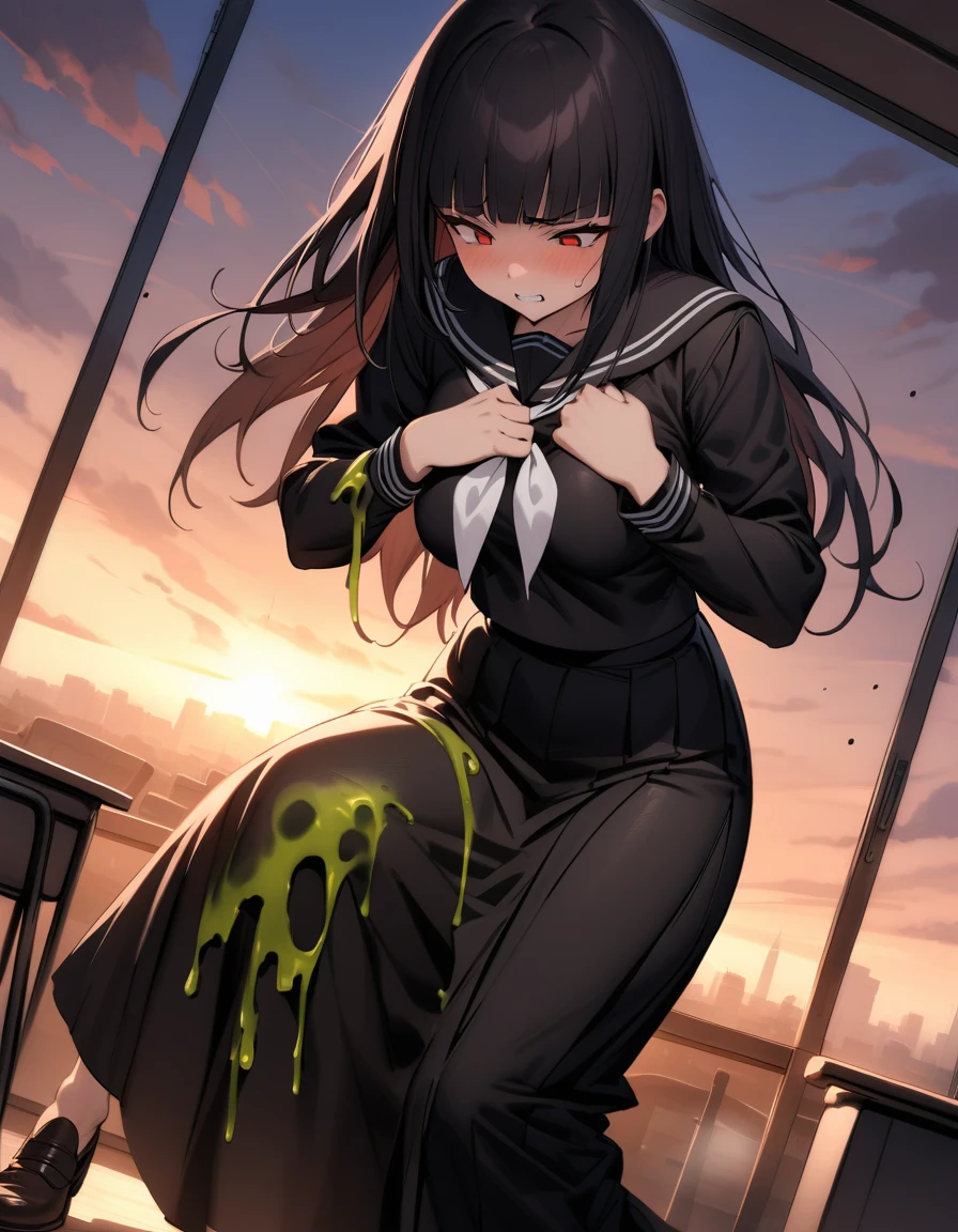 (masterpiece,best quality,very aesthetic),(ultra-detailed),nsfw,(atlach-nacha,degenerate),1girl,20yo,Statuesque,curvy,tall,long hair, black hair,straight hair,(blunt bangs),beautiful red eyes,clenching teeth,sentimental,Abdominal injury,look down on with disdain,black serafuku in winter,long sleeves,(long skirt),white ribbon tie,torn clothes,(Torn clothes stained with green liquid),painful,holding own chest with right arm,classroom,standing,on one knee,leaning forward,dusk sky,leather shoes,The setting sun is shining in the classroom,debris,solo,looking down,cowboy shot