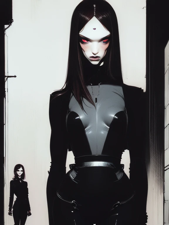 Woman alone, European woman, (((wide hips: 1.5))), 8k, absurd res, ((wide eyes: 1.4)), flawless face, girl with a soft body, (crisp black deco style formal business clothing), 1girl, average body, natural body, ((super wide hips: 1.3)), full body image, 1girls, solo, masterpiece, highly detailed, detailed eyes, expressive detailed eyes, pale skin, wide eyed, detailed pupils, realistic skin , blush, some freckles, realistic skin texture, ((small breasts: 1.3)), blushing, super detailed skin, smooth background, analog style, (chin length hair), ((dark hair: 1.5)), deco cyberpunk setting, (broad hips), entire head and body image, ((her entire head and body must be in view)), perfect anatomy, anatomically correct, ((pale skin)), 