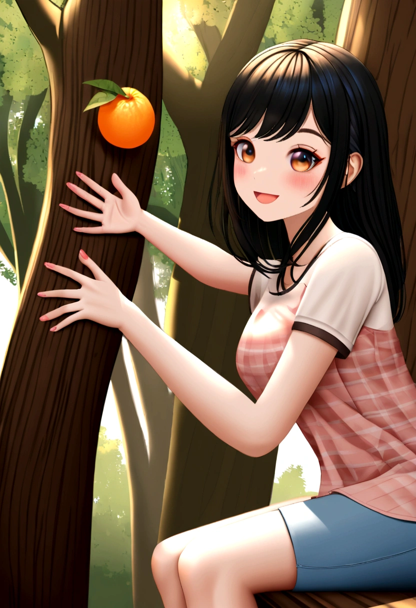 Cute girl trying to reach out and grab an orange on a tree, be happy, The atmosphere is casual and casual., Pixieve,
