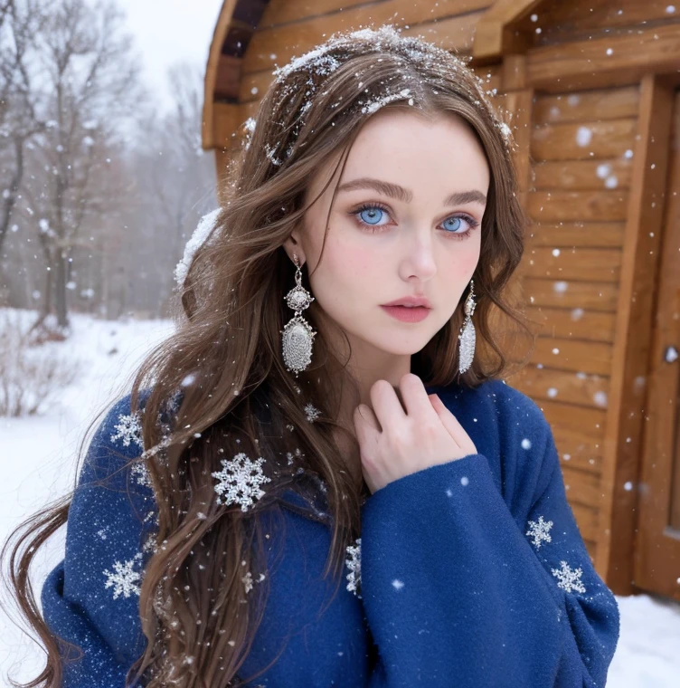 Beautiful girl - Lily Rose Depp, blue eyes, long curly white hair witg, detailed facial traits, beautiful earrings, national turkic female dress, naked breasts, yurta behind, it's snowing, sexy pose