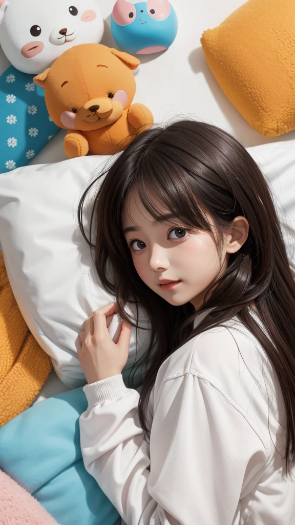 (Highest quality)、(Children's Day), (Lilliput, Little Tribe), (put on bear ears), (Bright colors), (Smile)、 Realistic sparkle in your eyes。Lying on bed pose、、girl