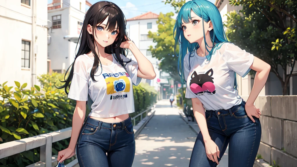 Blusa de manga com branca, casaco azul saia jeans cabelo azul escuro