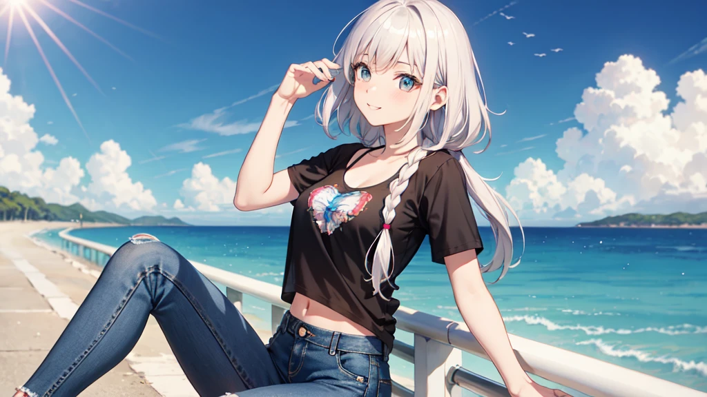 Blusa de manga com branca, casaco azul saia jeans cabelo azul escuro